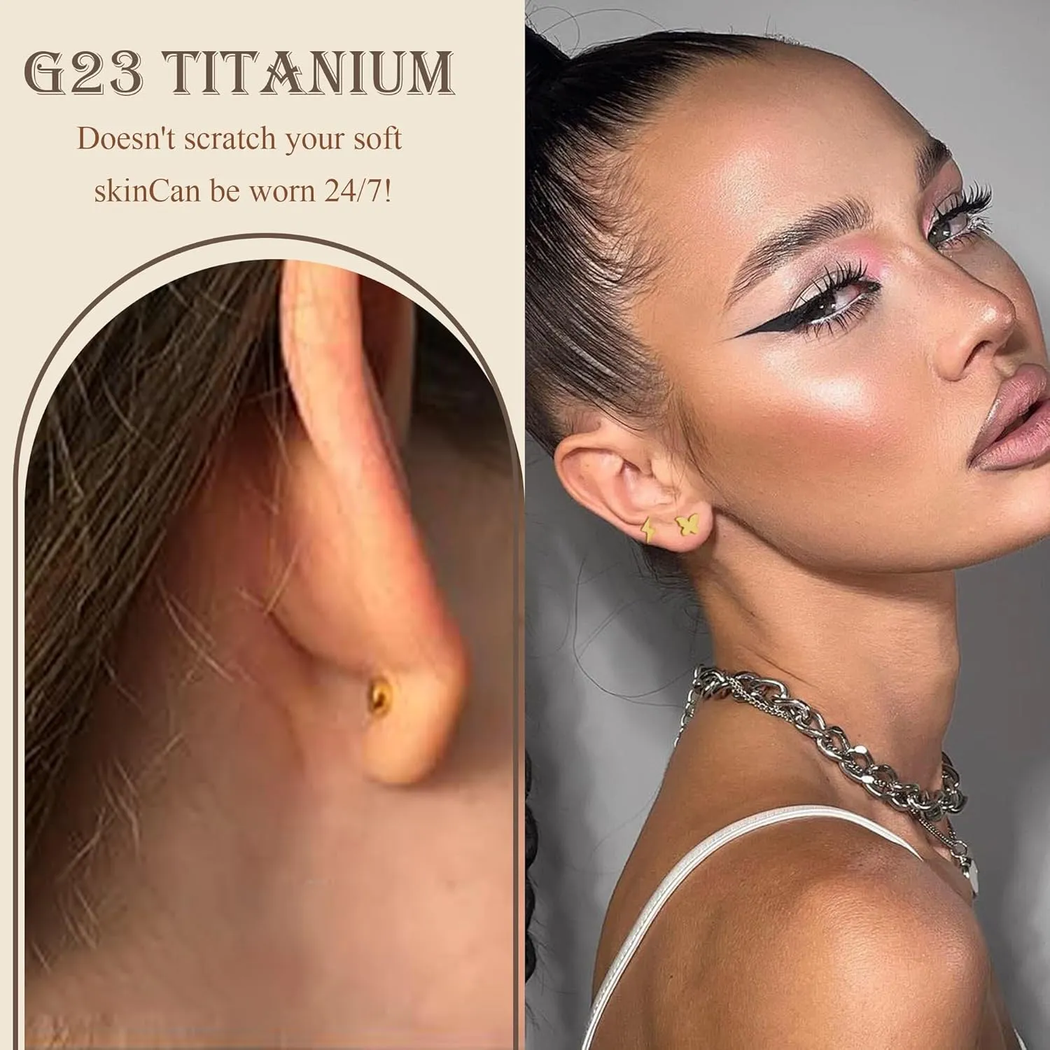2 Pairs Flat Back Earrings Women, Titanium Star and Moon Earrings, Heart & CZ Flatback Stud, Butterfly & Lightning Screw Back, Crosses and Triangles Stud, Gold/Pink/Silver/Black Options