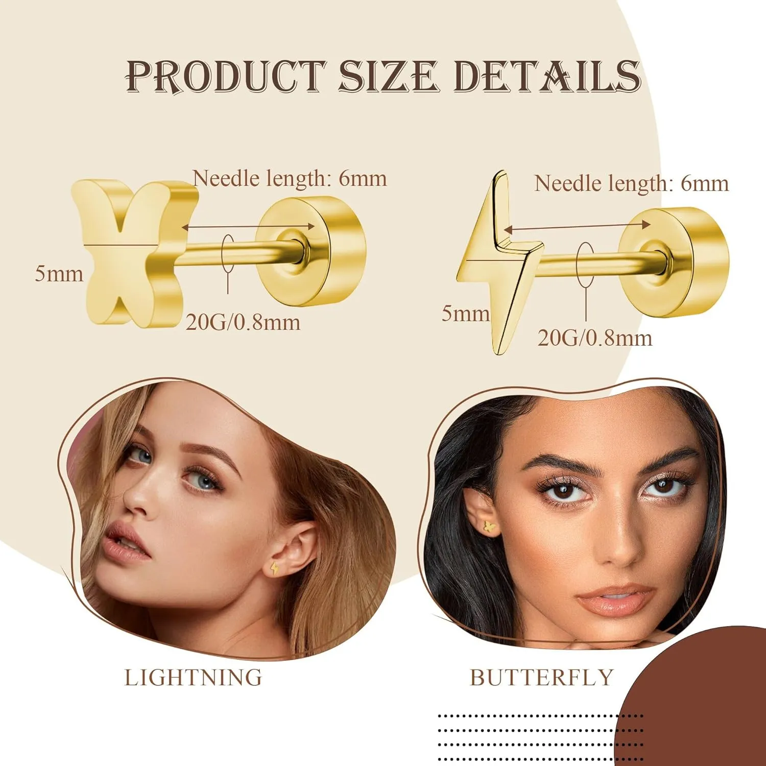 2 Pairs Flat Back Earrings Women, Titanium Star and Moon Earrings, Heart & CZ Flatback Stud, Butterfly & Lightning Screw Back, Crosses and Triangles Stud, Gold/Pink/Silver/Black Options