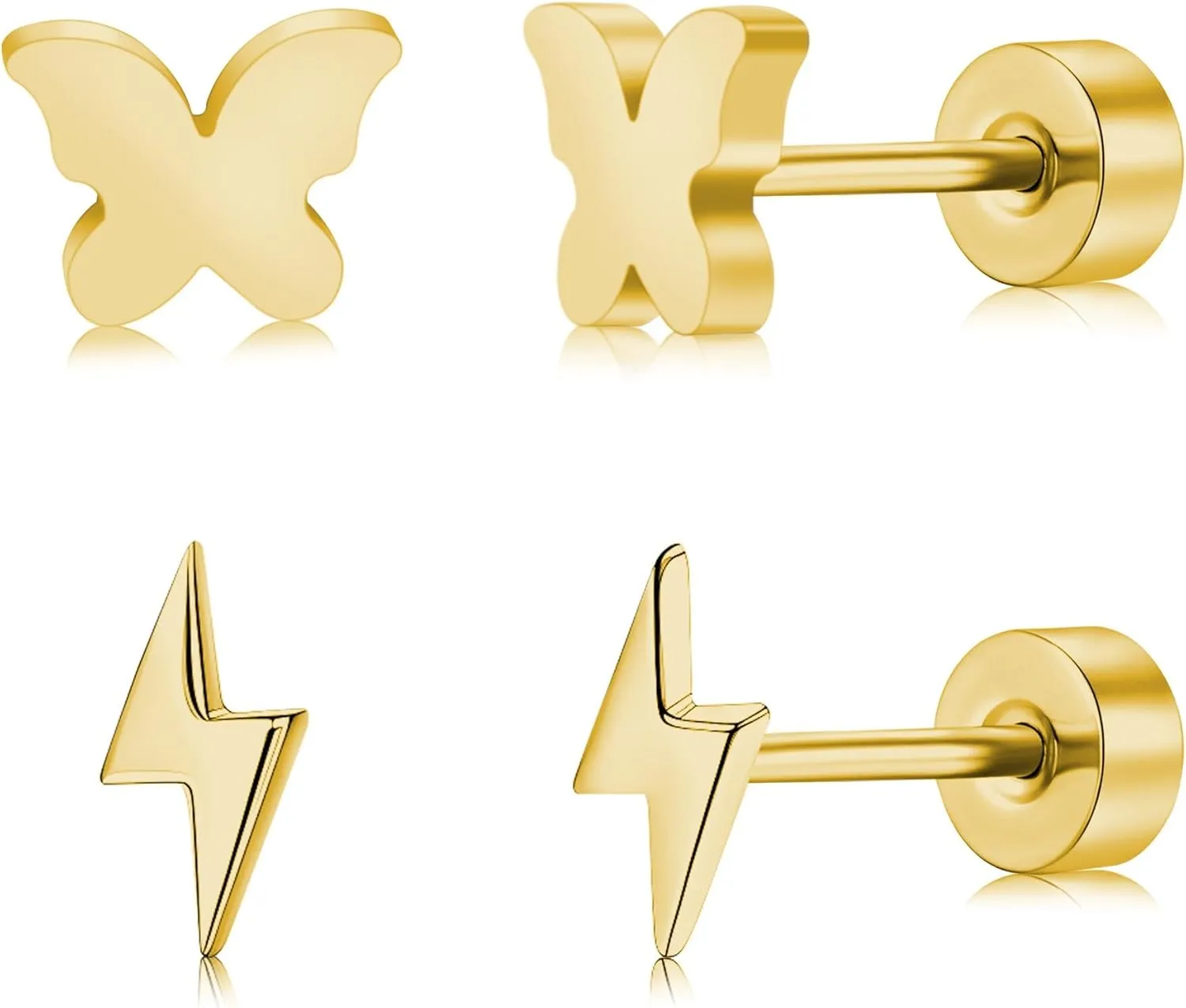 2 Pairs Flat Back Earrings Women, Titanium Star and Moon Earrings, Heart & CZ Flatback Stud, Butterfly & Lightning Screw Back, Crosses and Triangles Stud, Gold/Pink/Silver/Black Options