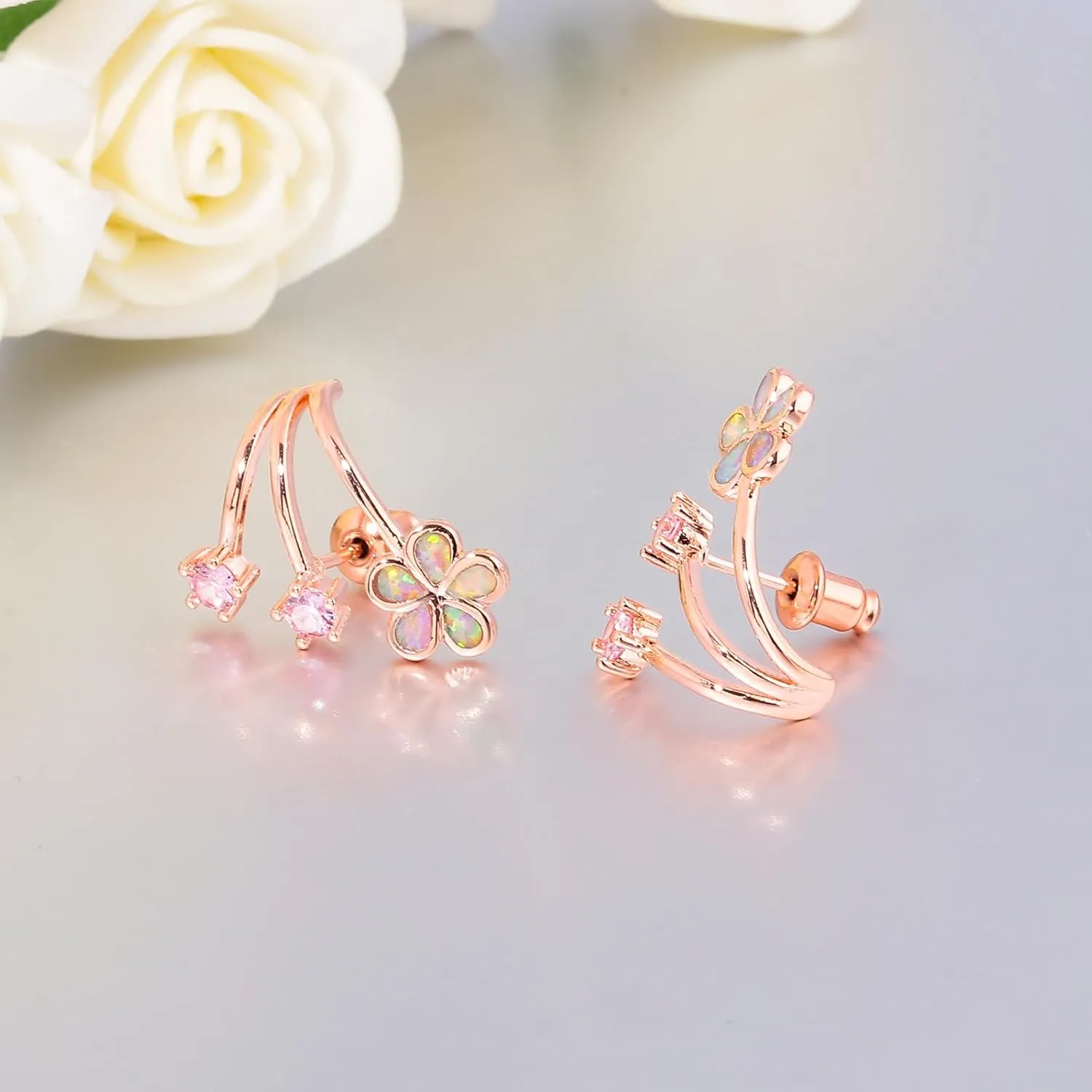 CiNily Cuffs Stud Earrings for Women Trendy 14K White Gold Plated Created Fire Opal Flower Piercings Studs Earrings Cubic Zirconia Claw Ear Wrap Earrings Jewelry Gift for Wedding Party Birthday