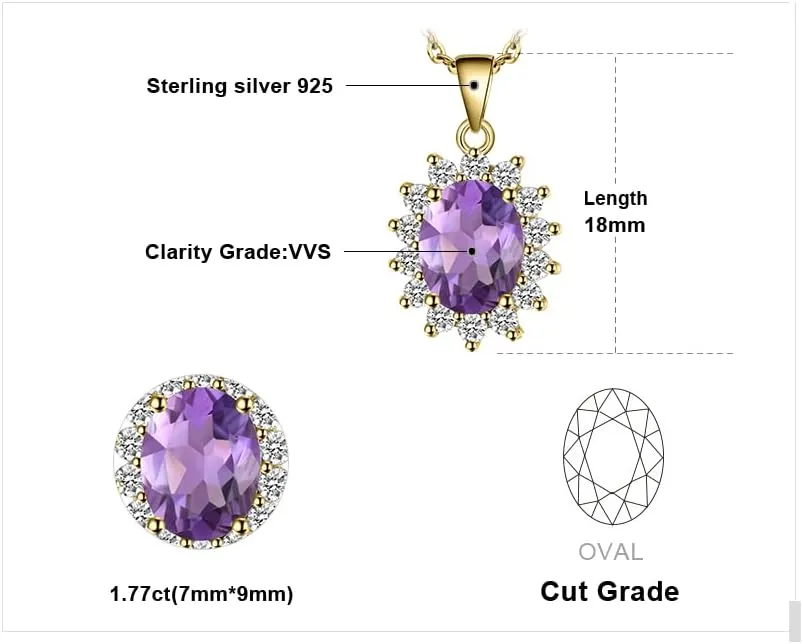 JewelryPalace Princess Diana Kate Middleton Natural Amethyst Citrine Garnet Peridot Topaz Created Ruby Sapphire Simulated Emerald Pendant Necklace for Women, 925 Sterling Silver Gemstone Jewelry Set