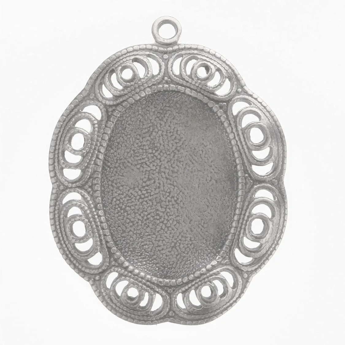 Sterling silver plated brass oval solid back setting for 19x13mm cabochon. Wavy filigree border. 1 ring. Sold individually. b9-2426