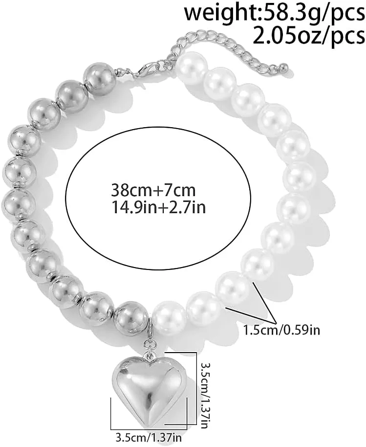 Two Tone Puffy Heart Necklaces Vintage Chunky Love Pendant Necklaces Dainty Round Pearl Beaded Choker Statement Jewelry Gifts for Women