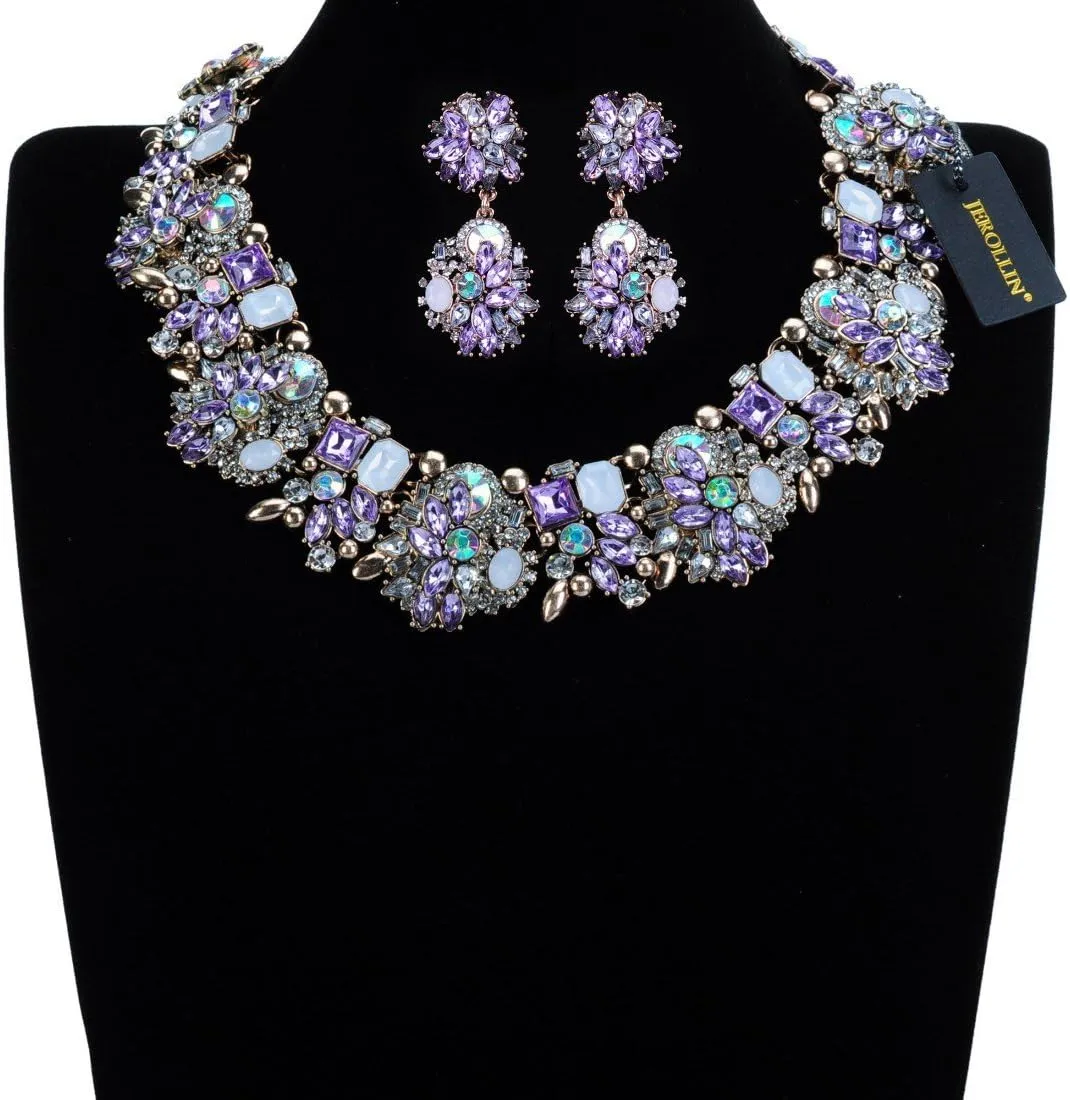 Vintage Crystal Rhinestone Statement Choker Bib Statement Necklace Earring Fashion Costume Jewelry Set for Women
